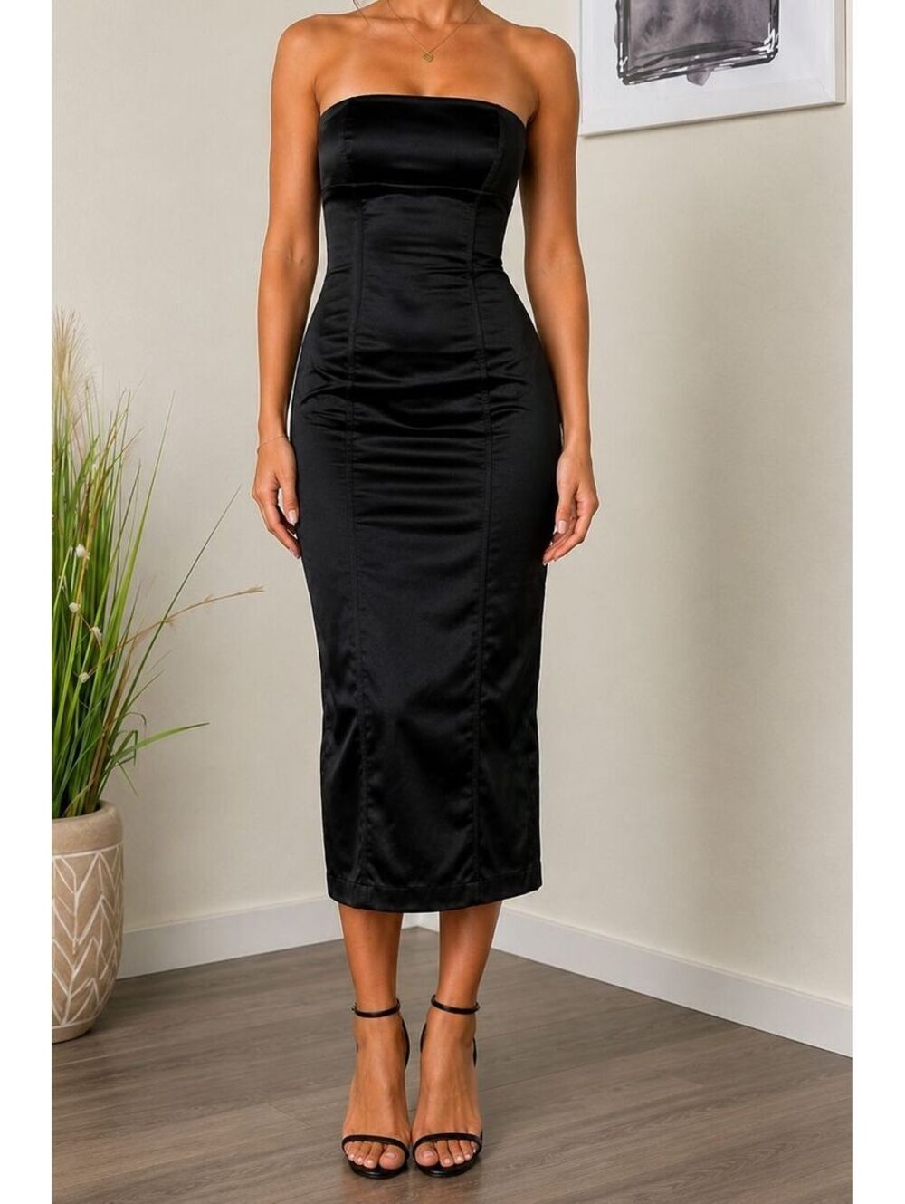Vintage Y2K Bebe Black Satin Strapless Bodycon Midi Dress- Made in USA-Medium